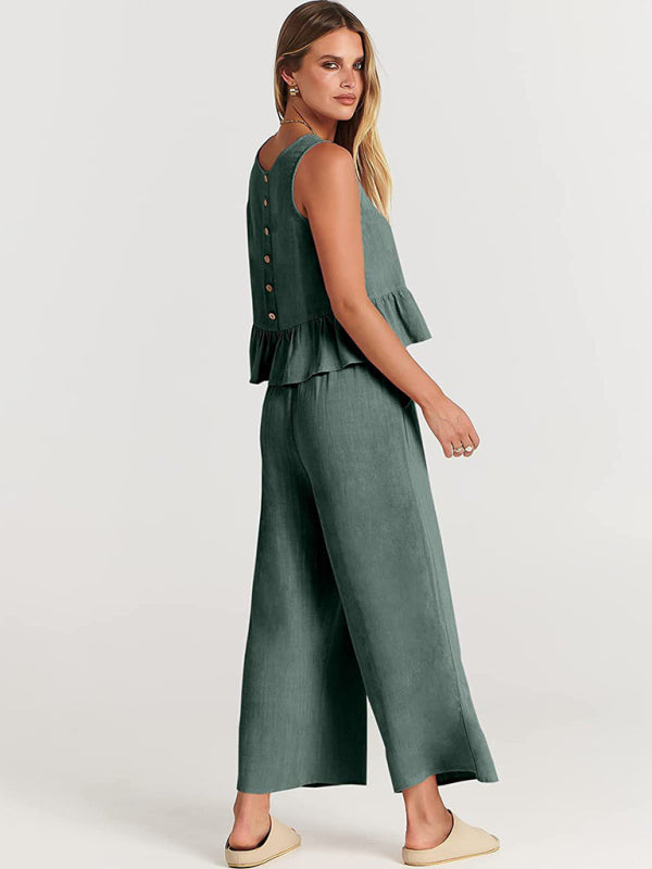 Womens Sleeveless Pleated Top Wide Leg Cropped Pants SIZE S-2XL