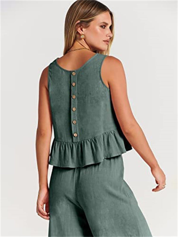 Womens Sleeveless Pleated Top Wide Leg Cropped Pants SIZE S-2XL