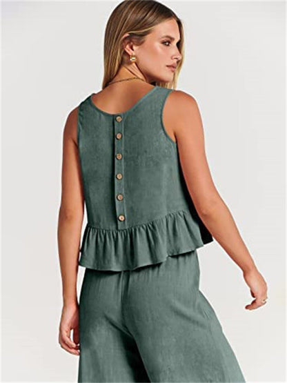 Womens Sleeveless Pleated Top Wide Leg Cropped Pants SIZE S-2XL