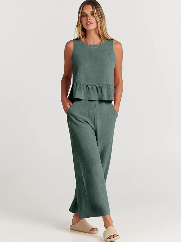 Womens Sleeveless Pleated Top Wide Leg Cropped Pants SIZE S-2XL