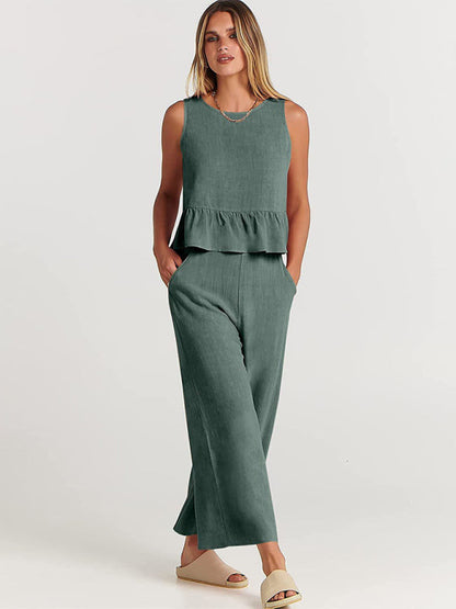 Womens Sleeveless Pleated Top Wide Leg Cropped Pants SIZE S-2XL