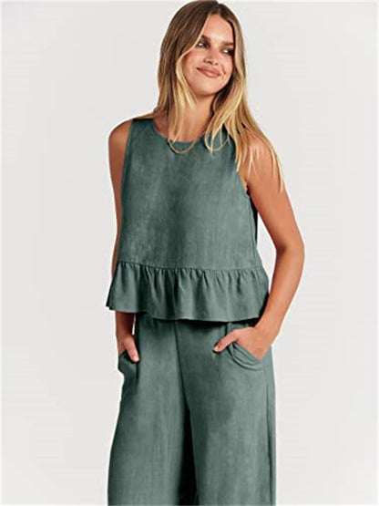 Womens Sleeveless Pleated Top Wide Leg Cropped Pants SIZE S-2XL