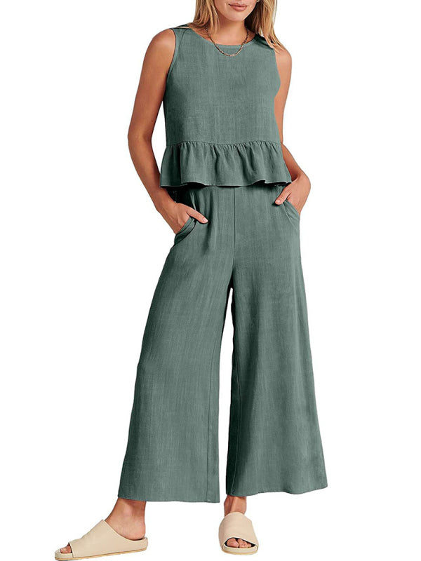 Womens Sleeveless Pleated Top Wide Leg Cropped Pants SIZE S-2XL