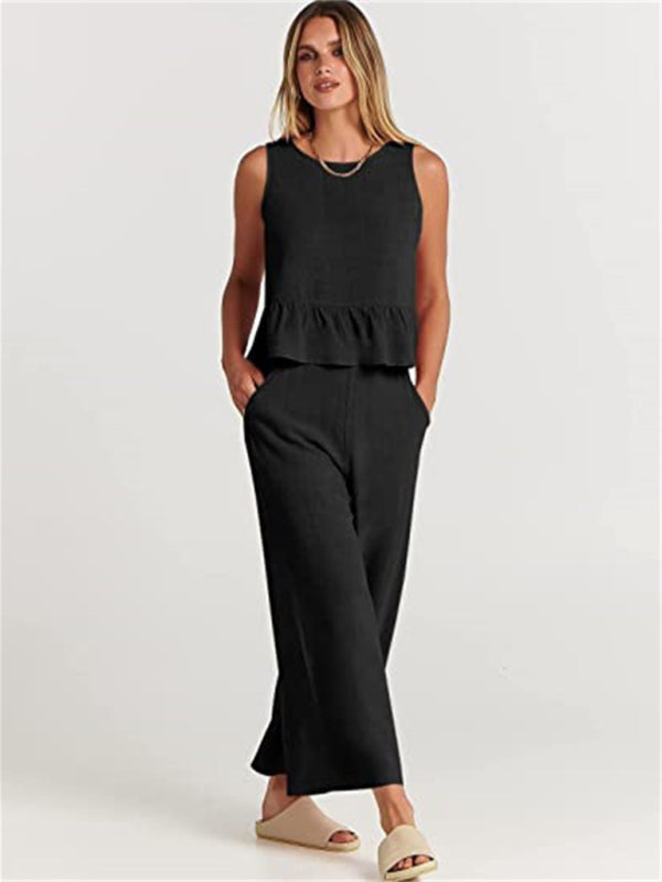 Womens Sleeveless Pleated Top Wide Leg Cropped Pants SIZE S-2XL