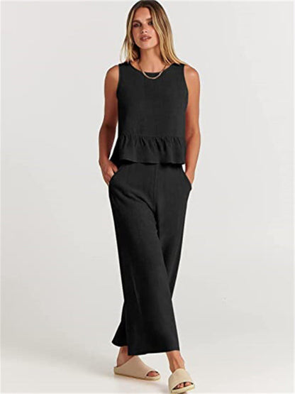 Womens Sleeveless Pleated Top Wide Leg Cropped Pants SIZE S-2XL