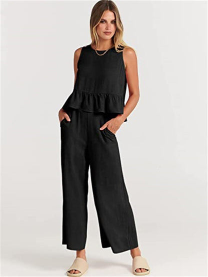 Womens Sleeveless Pleated Top Wide Leg Cropped Pants SIZE S-2XL