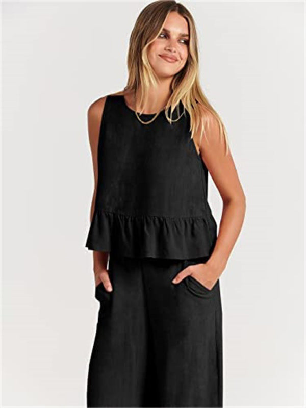 Womens Sleeveless Pleated Top Wide Leg Cropped Pants SIZE S-2XL