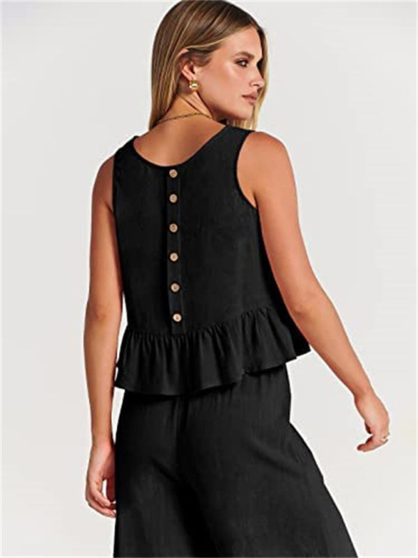 Womens Sleeveless Pleated Top Wide Leg Cropped Pants SIZE S-2XL