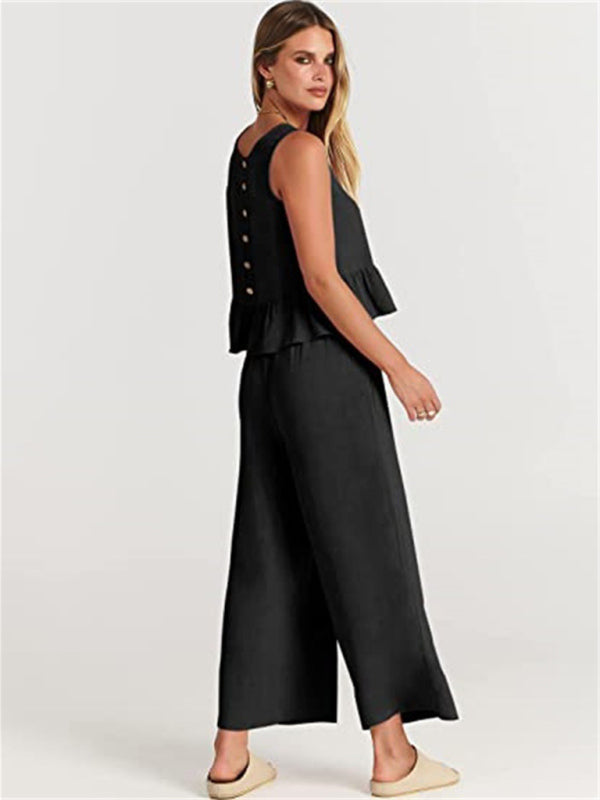 Womens Sleeveless Pleated Top Wide Leg Cropped Pants SIZE S-2XL