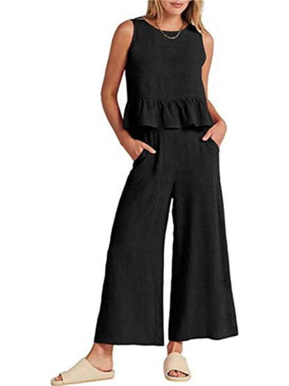 Womens Sleeveless Pleated Top Wide Leg Cropped Pants SIZE S-2XL
