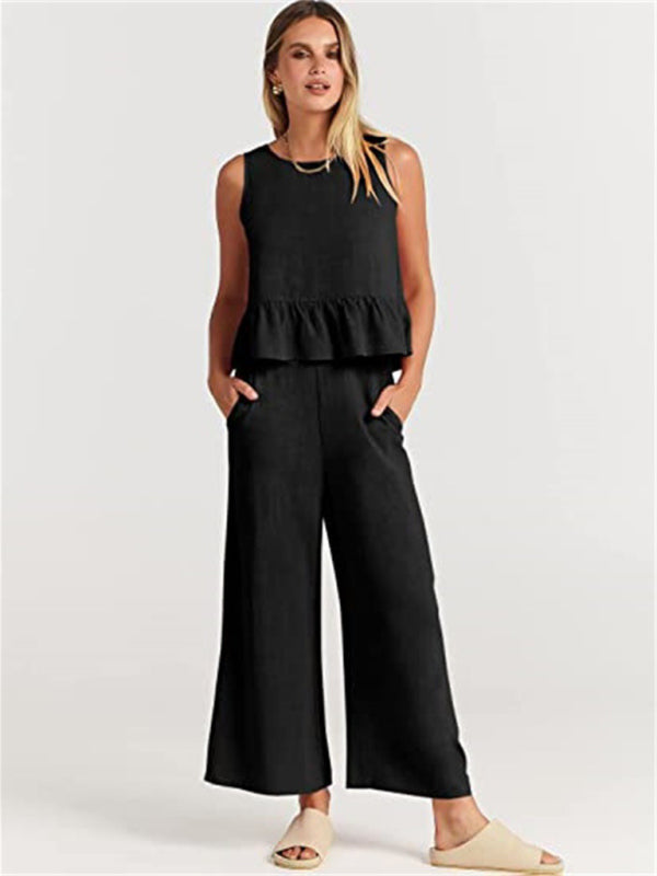 Womens Sleeveless Pleated Top Wide Leg Cropped Pants SIZE S-2XL