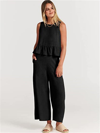 Womens Sleeveless Pleated Top Wide Leg Cropped Pants SIZE S-2XL