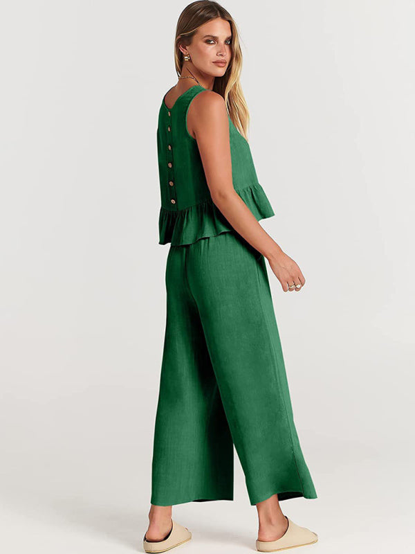 Womens Sleeveless Pleated Top Wide Leg Cropped Pants SIZE S-2XL