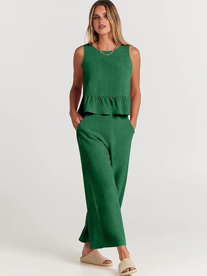 Womens Sleeveless Pleated Top Wide Leg Cropped Pants SIZE S-2XL