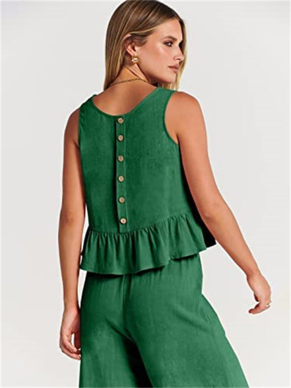 Womens Sleeveless Pleated Top Wide Leg Cropped Pants SIZE S-2XL