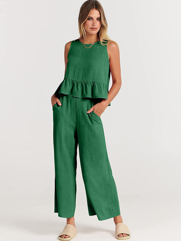 Womens Sleeveless Pleated Top Wide Leg Cropped Pants SIZE S-2XL