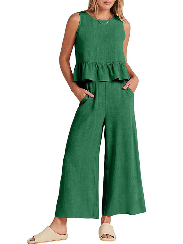 Womens Sleeveless Pleated Top Wide Leg Cropped Pants SIZE S-2XL