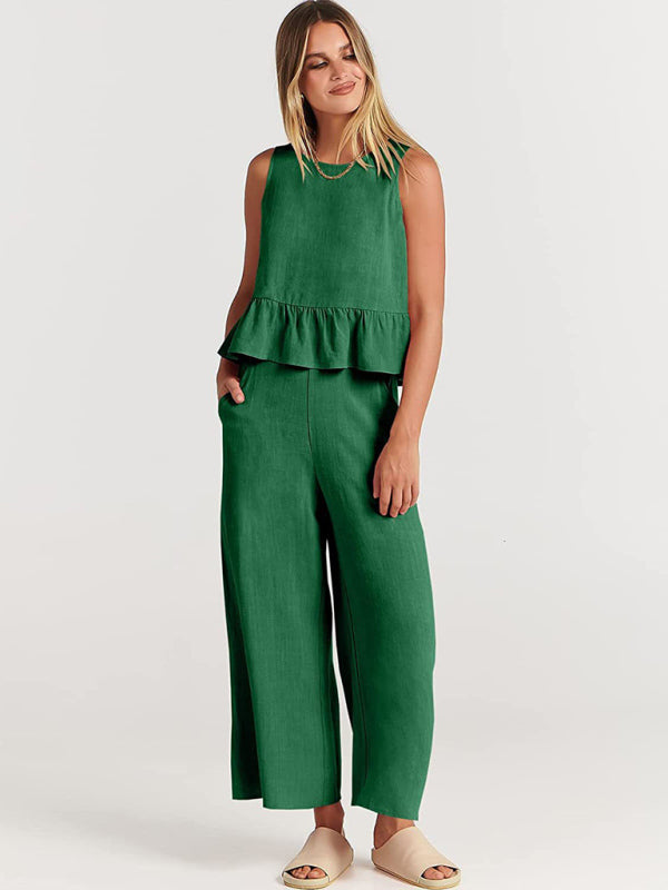Womens Sleeveless Pleated Top Wide Leg Cropped Pants SIZE S-2XL