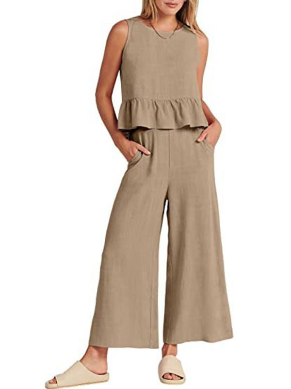 Womens Sleeveless Pleated Top Wide Leg Cropped Pants SIZE S-2XL