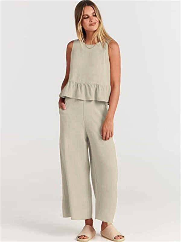 Womens Sleeveless Pleated Top Wide Leg Cropped Pants SIZE S-2XL