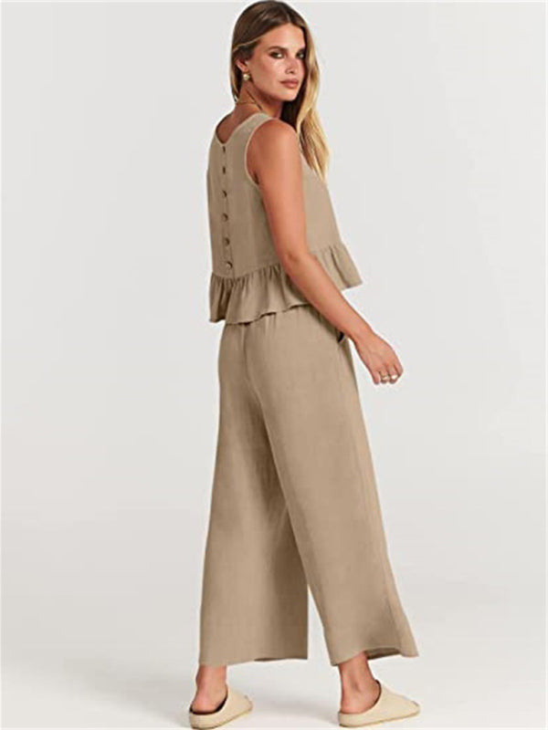 Womens Sleeveless Pleated Top Wide Leg Cropped Pants SIZE S-2XL