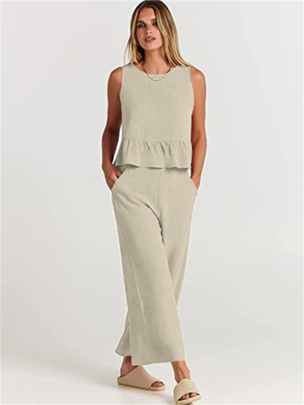 Womens Sleeveless Pleated Top Wide Leg Cropped Pants SIZE S-2XL