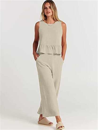 Womens Sleeveless Pleated Top Wide Leg Cropped Pants SIZE S-2XL