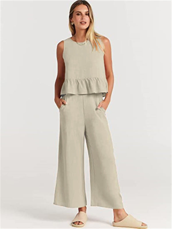 Womens Sleeveless Pleated Top Wide Leg Cropped Pants SIZE S-2XL