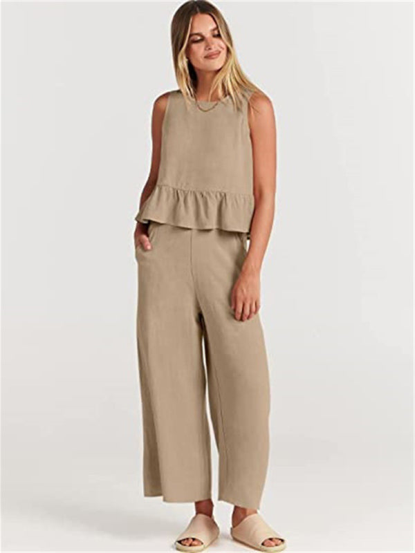 Womens Sleeveless Pleated Top Wide Leg Cropped Pants SIZE S-2XL