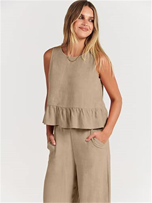 Womens Sleeveless Pleated Top Wide Leg Cropped Pants SIZE S-2XL