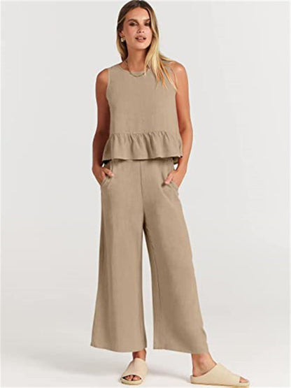 Womens Sleeveless Pleated Top Wide Leg Cropped Pants SIZE S-2XL