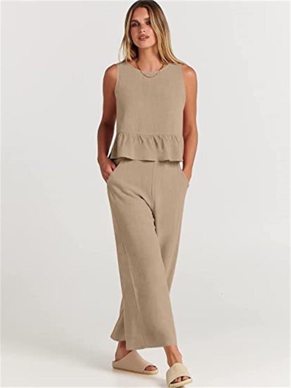 Womens Sleeveless Pleated Top Wide Leg Cropped Pants SIZE S-2XL