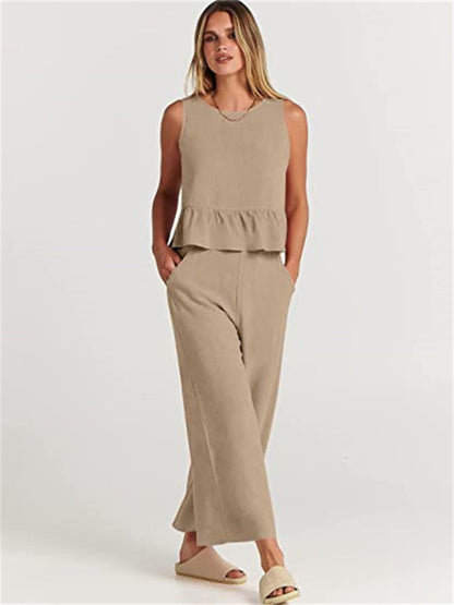 Womens Sleeveless Pleated Top Wide Leg Cropped Pants SIZE S-2XL