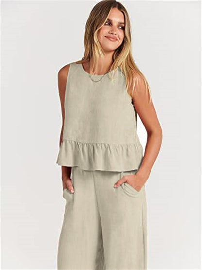 Womens Sleeveless Pleated Top Wide Leg Cropped Pants SIZE S-2XL