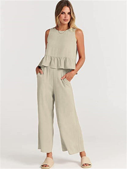 Womens Sleeveless Pleated Top Wide Leg Cropped Pants SIZE S-2XL