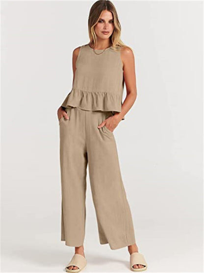 Womens Sleeveless Pleated Top Wide Leg Cropped Pants SIZE S-2XL