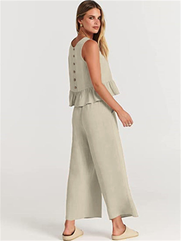Womens Sleeveless Pleated Top Wide Leg Cropped Pants SIZE S-2XL