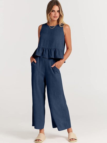 Womens Sleeveless Pleated Top Wide Leg Cropped Pants SIZE S-2XL