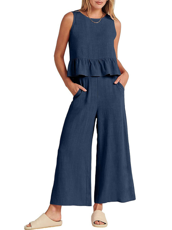 Womens Sleeveless Pleated Top Wide Leg Cropped Pants SIZE S-2XL