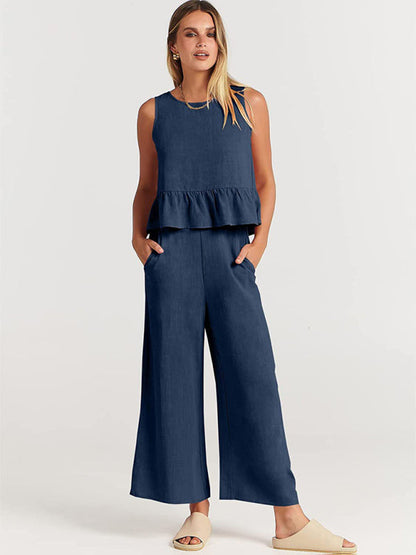 Womens Sleeveless Pleated Top Wide Leg Cropped Pants SIZE S-2XL