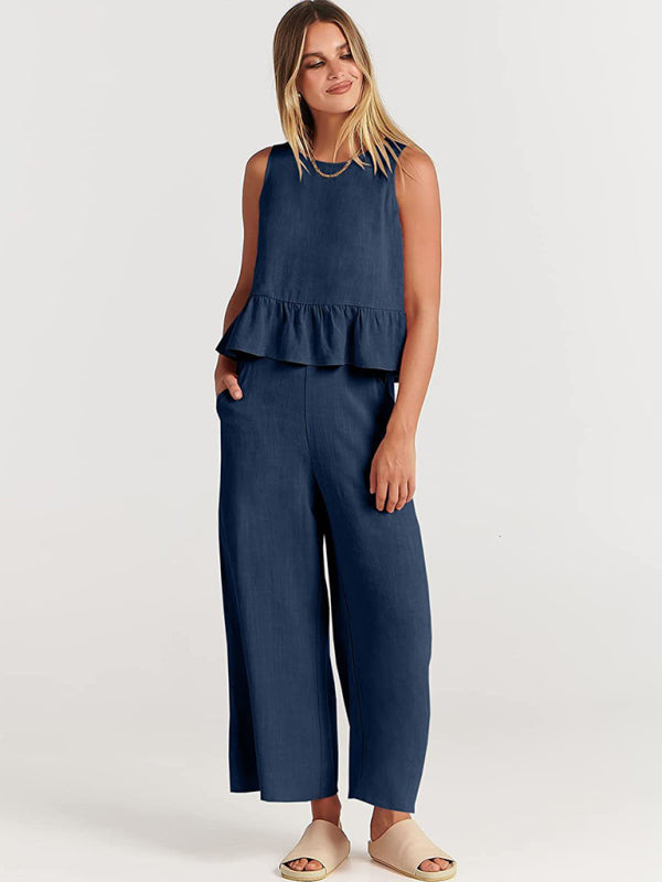 Womens Sleeveless Pleated Top Wide Leg Cropped Pants SIZE S-2XL