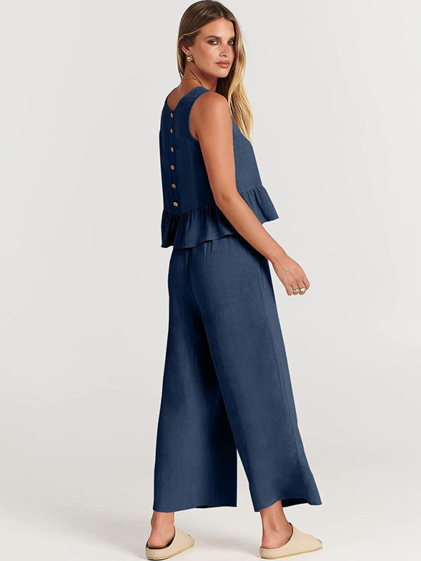 Womens Sleeveless Pleated Top Wide Leg Cropped Pants SIZE S-2XL