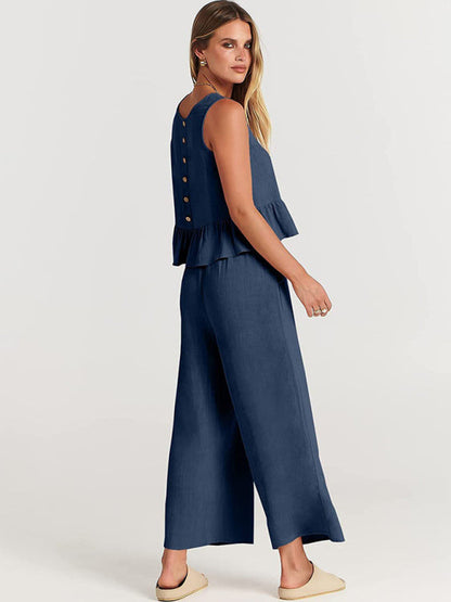 Womens Sleeveless Pleated Top Wide Leg Cropped Pants SIZE S-2XL