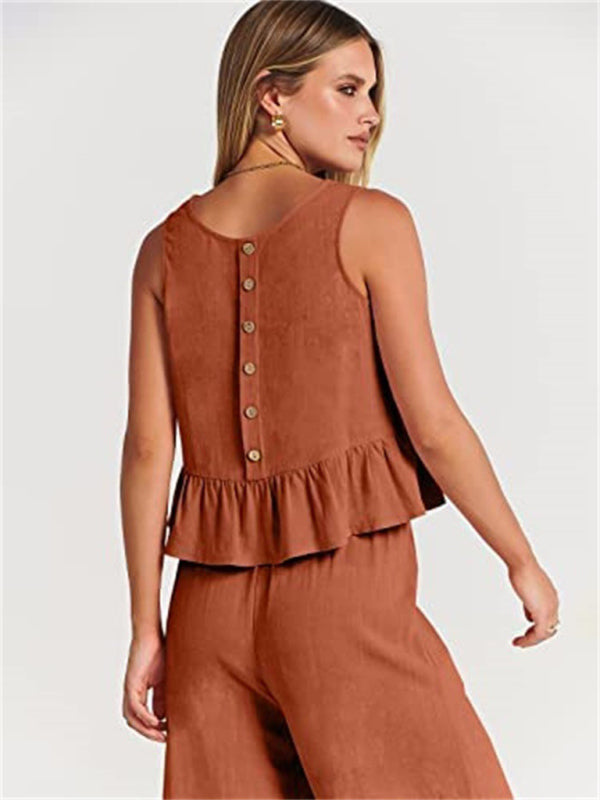 Womens Sleeveless Pleated Top Wide Leg Cropped Pants SIZE S-2XL
