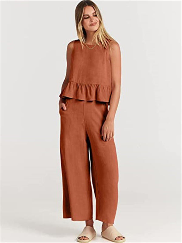 Womens Sleeveless Pleated Top Wide Leg Cropped Pants SIZE S-2XL