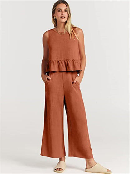 Womens Sleeveless Pleated Top Wide Leg Cropped Pants SIZE S-2XL