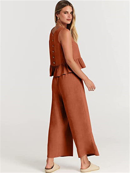 Womens Sleeveless Pleated Top Wide Leg Cropped Pants SIZE S-2XL