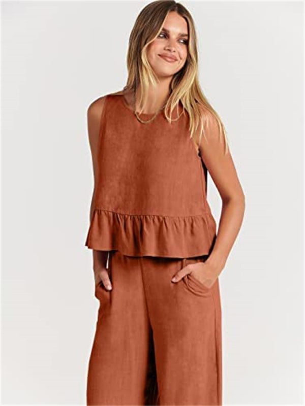 Womens Sleeveless Pleated Top Wide Leg Cropped Pants SIZE S-2XL