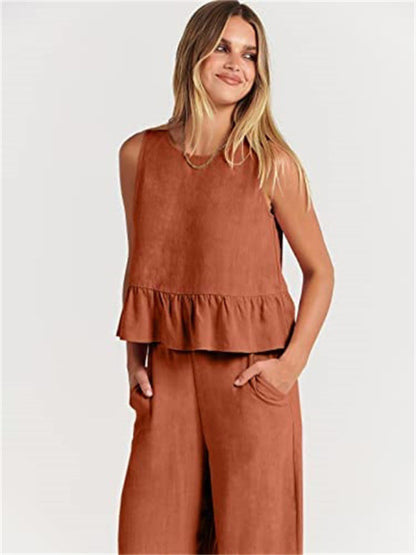 Womens Sleeveless Pleated Top Wide Leg Cropped Pants SIZE S-2XL
