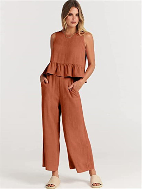 Womens Sleeveless Pleated Top Wide Leg Cropped Pants SIZE S-2XL